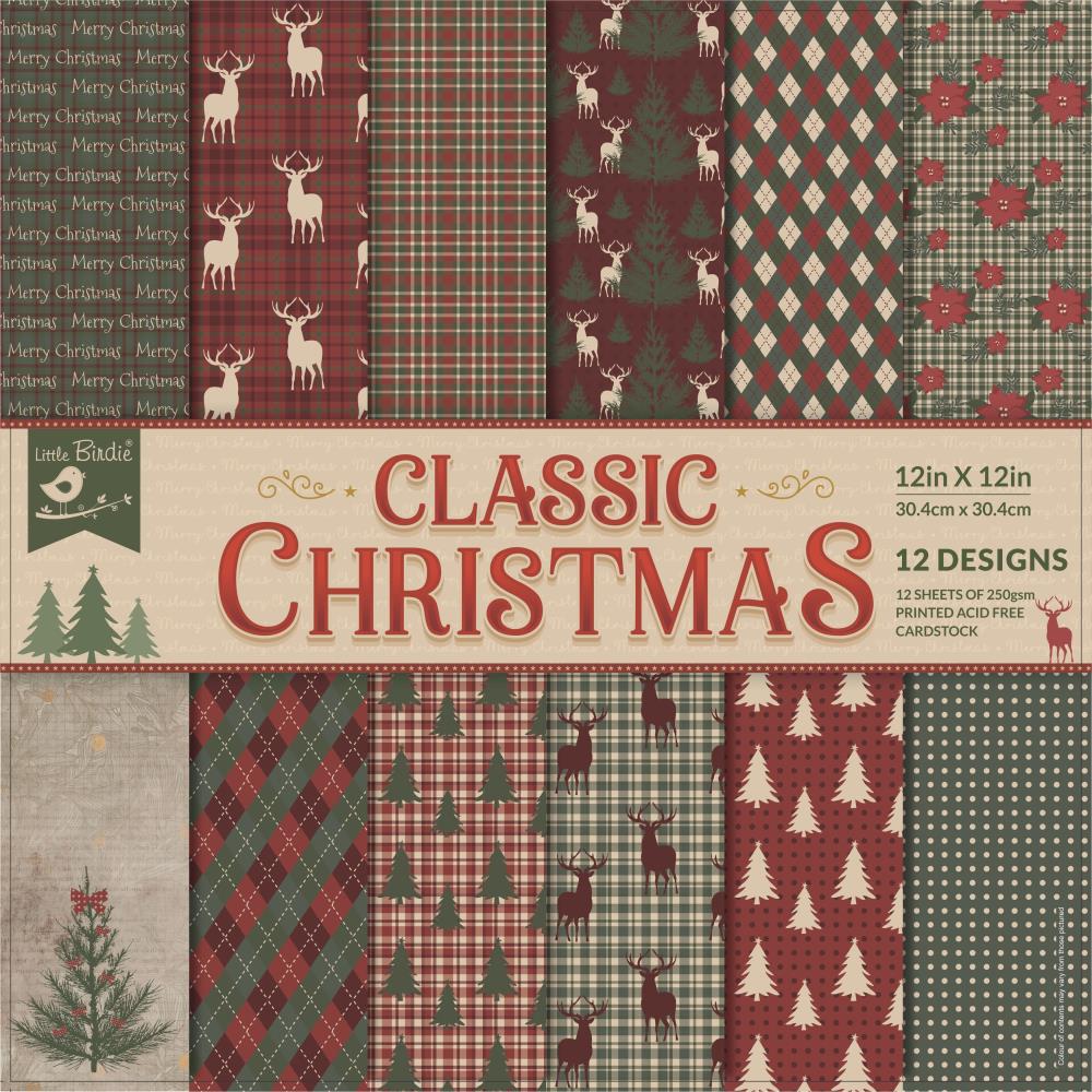 Classic Christmas Cardstock Pack 12&quot; / Paquete de 12 Hojas de Cartulina Navideña Papel Little Birdie