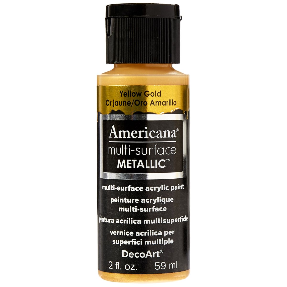 Americana Multi-Surface Metallic Acrylic Paint Yellow Gold / Pintura Multisuperficies Oro Amarillo Metálico Acrìlicos DecoArt