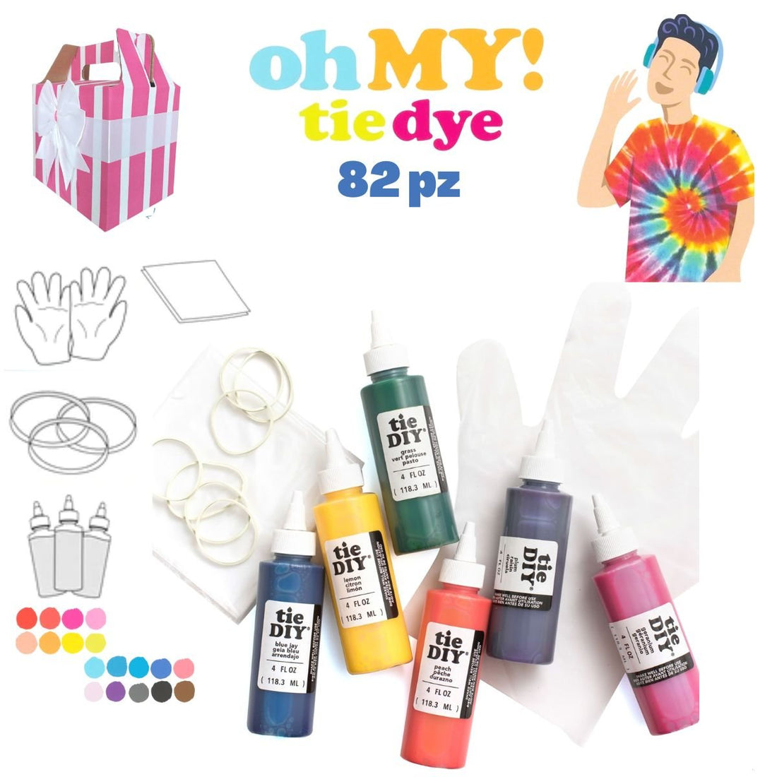 Tie Dye Kit 82 pz / Kit para Teñido Textil con Caja de Regalo Pintura para Tela American Crafts