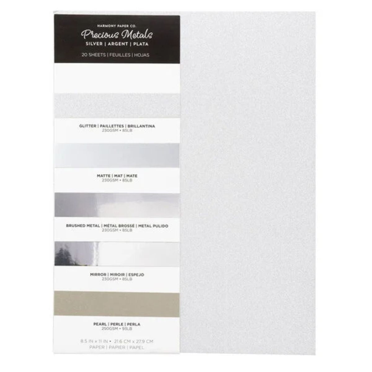 Precious Metals Silver Cardstock / 20 Hojas Cartulina Metales Preciosos Plata 230gr Papel Harmony Paper