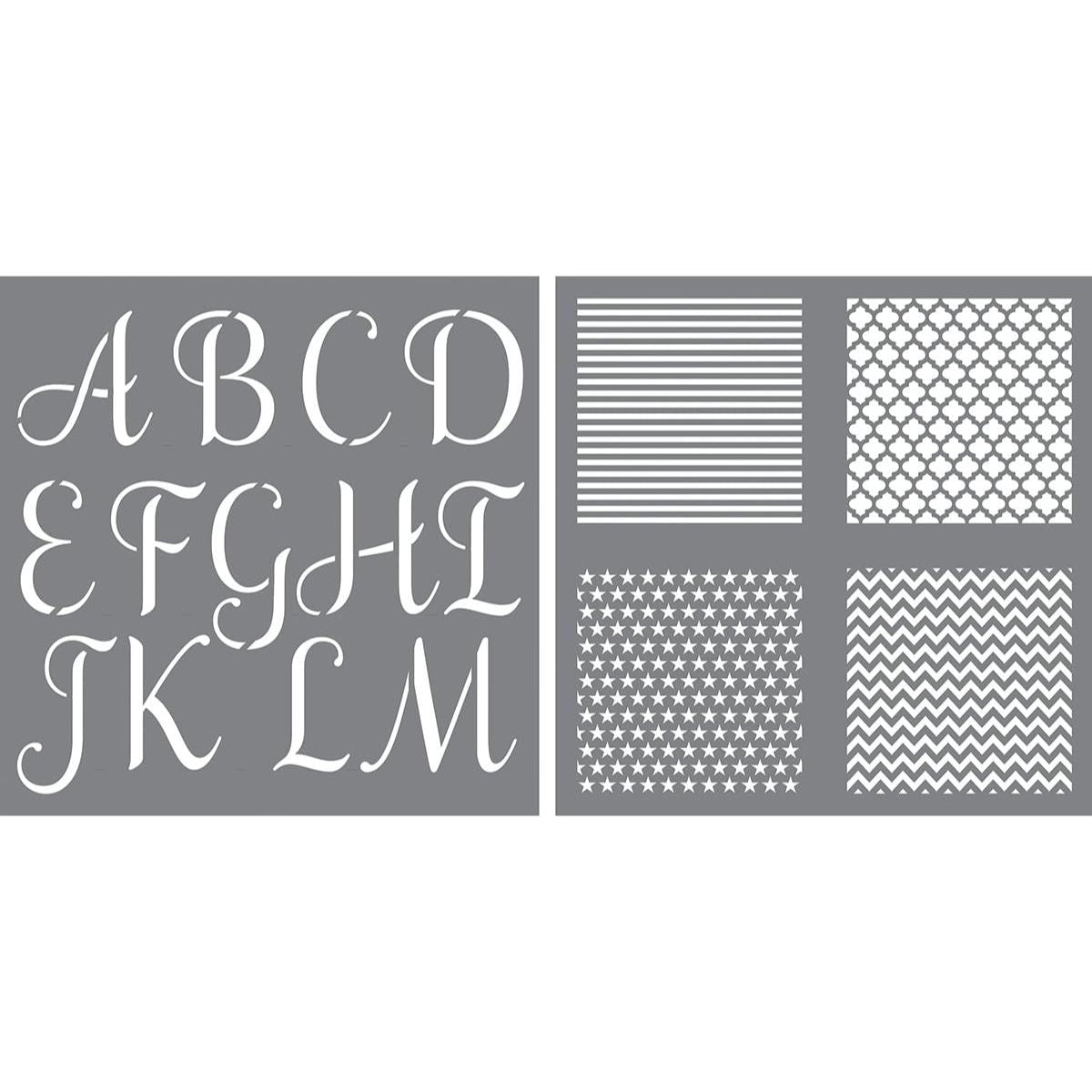 Stencil Alphabet Calligraphy / 7 Esténciles Alfabeto Caligrafía y Texturas Esténciles / Plantillas DecoArt