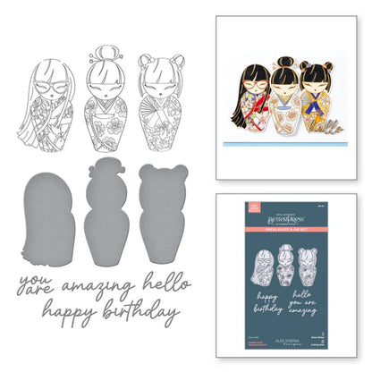 Kokeshi Dolls Press Plates &amp; Die Set / Juego De Placas De Prensa Y Suajes Muñecas Kokeshi Accesorios para Suajadoras Spellbinders