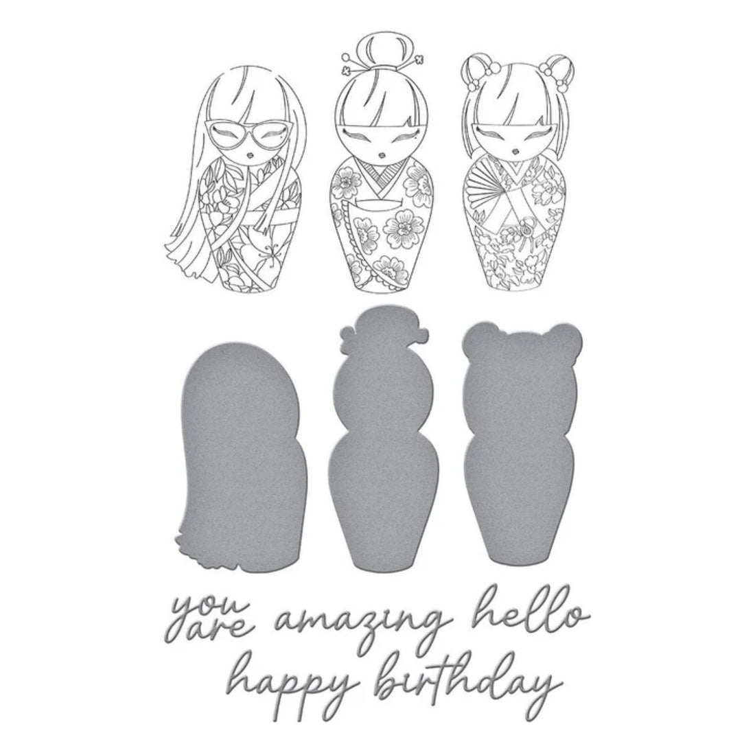 Kokeshi Dolls Press Plates &amp; Die Set / Juego De Placas De Prensa Y Suajes Muñecas Kokeshi Accesorios para Suajadoras Spellbinders