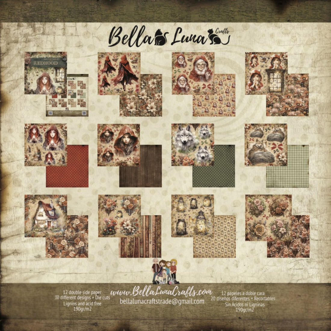Paquete 12 Papeles Caperucita Roja Recortes 8x8" Papel Bellaluna Crafts