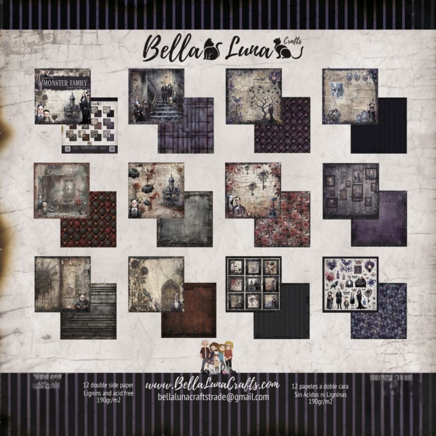 Paquete 12 Papeles Monster Family Recortables 8x8" Papel Bellaluna Crafts