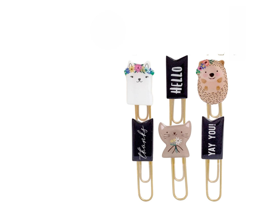 Hey, Hello Clips with Foil / Clips Metálicos Frases y Animales Adornos / Embellishments Pebbles