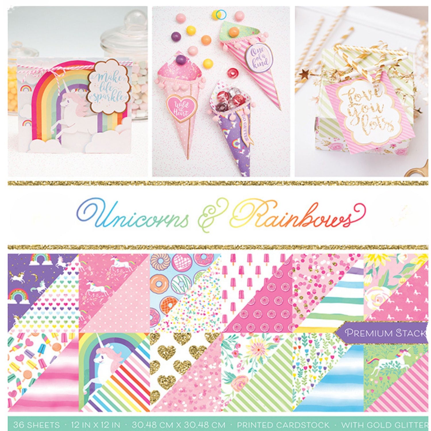 Unicorns &amp; Rainbows Gold Glitter Paper 12&quot; / Block de Papel Doble Cara Unicornios y Arcoirirs Papel DCWV