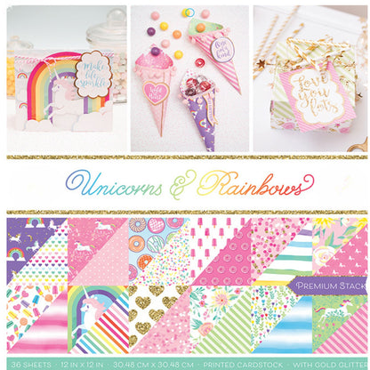 Unicorns &amp; Rainbows Gold Glitter Paper 12&quot; / Block de Papel Doble Cara Unicornios y Arcoirirs Papel DCWV