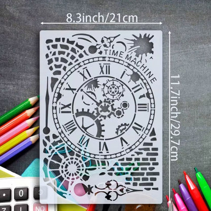 Stencil Time Machine con Engranes y Reloj Steampunk Esténciles / Plantillas Hobbees