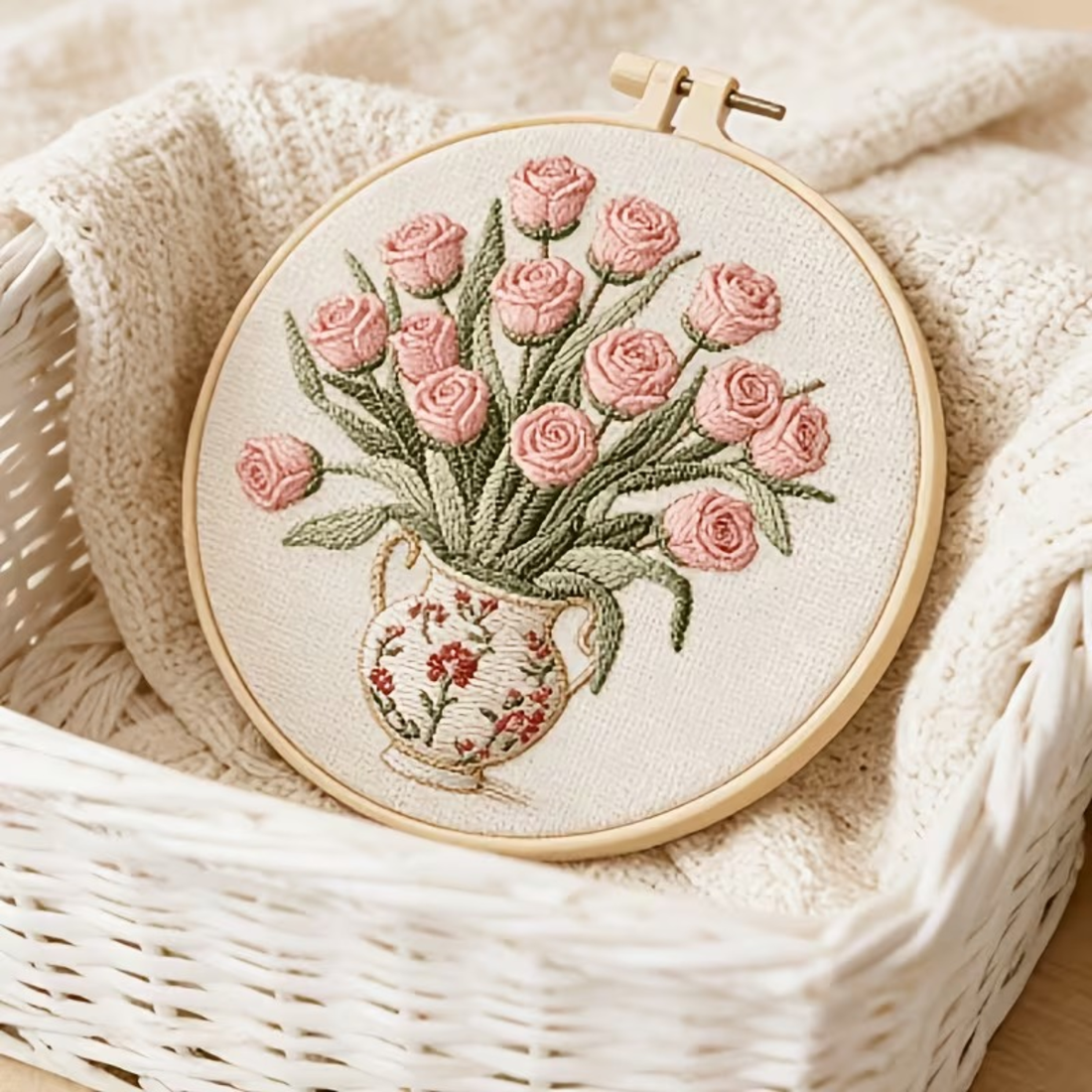 Kit Bordado Pink Roses Embroidery Kit 20cm Costura Dowdell
