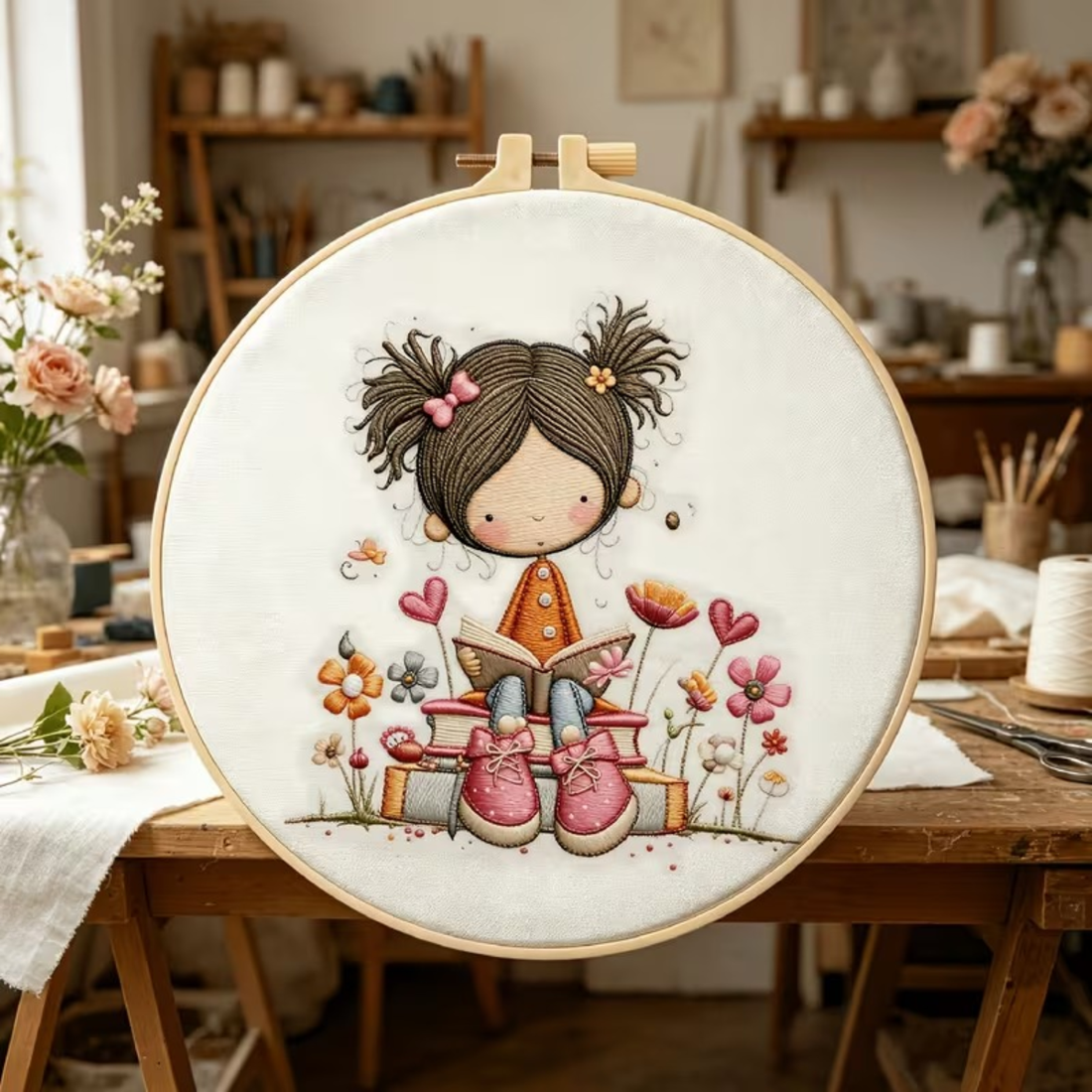 Kit Bordado Little Girl Reading Embroidery Kit 20cm Costura Dowdell