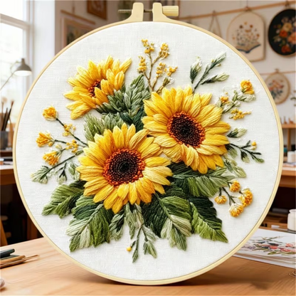 Kit Bordado Sunflowers Embroidery Kit 20cm Costura Dowdell