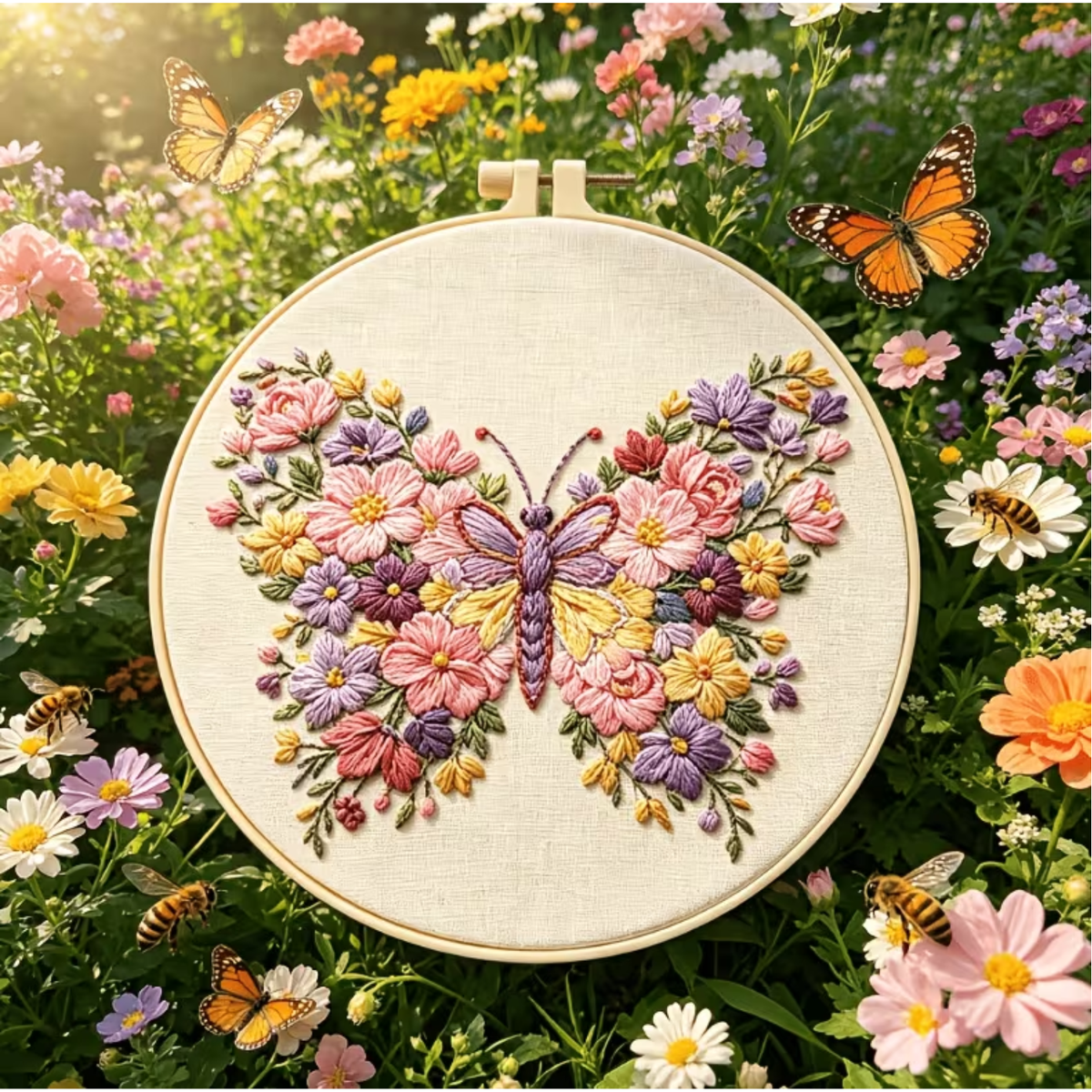 Kit Bordado Flourishing Flowers and Butterflies Embroidery Kit 20cm