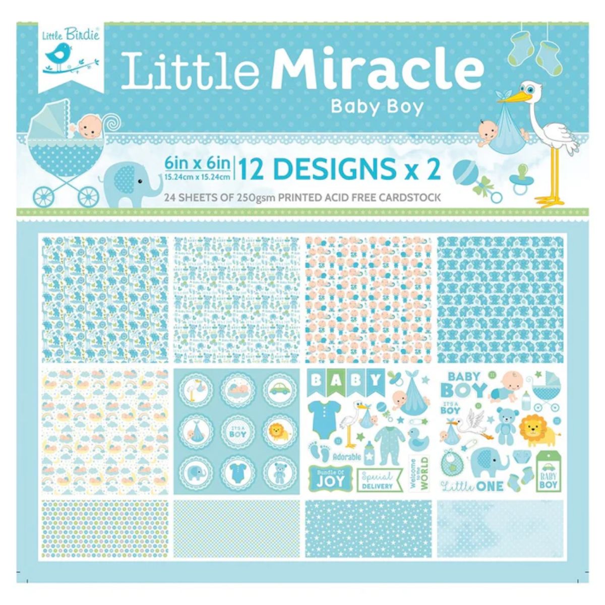 Baby Boy Cardstock Pack 6&quot; / Paquete de 24 Hojas de Cartulina Pequeño Milagro Niño Papel Little Birdie