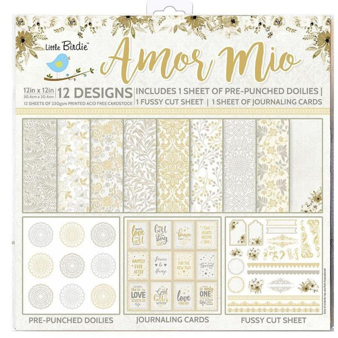 Amor Mio Cardstock Pack 12&quot; / Paquete de 12 Hojas de Cartulina Amor Mio Papel Little Birdie