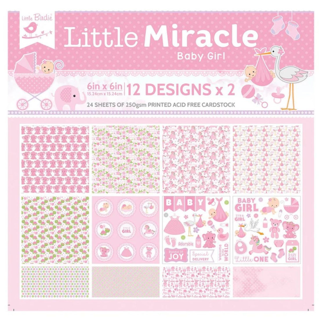 Baby Girl Cardstock Pack 6&quot; / Paquete de 24 Hojas de Cartulina Pequeño Milagro Niña Papel Little Birdie