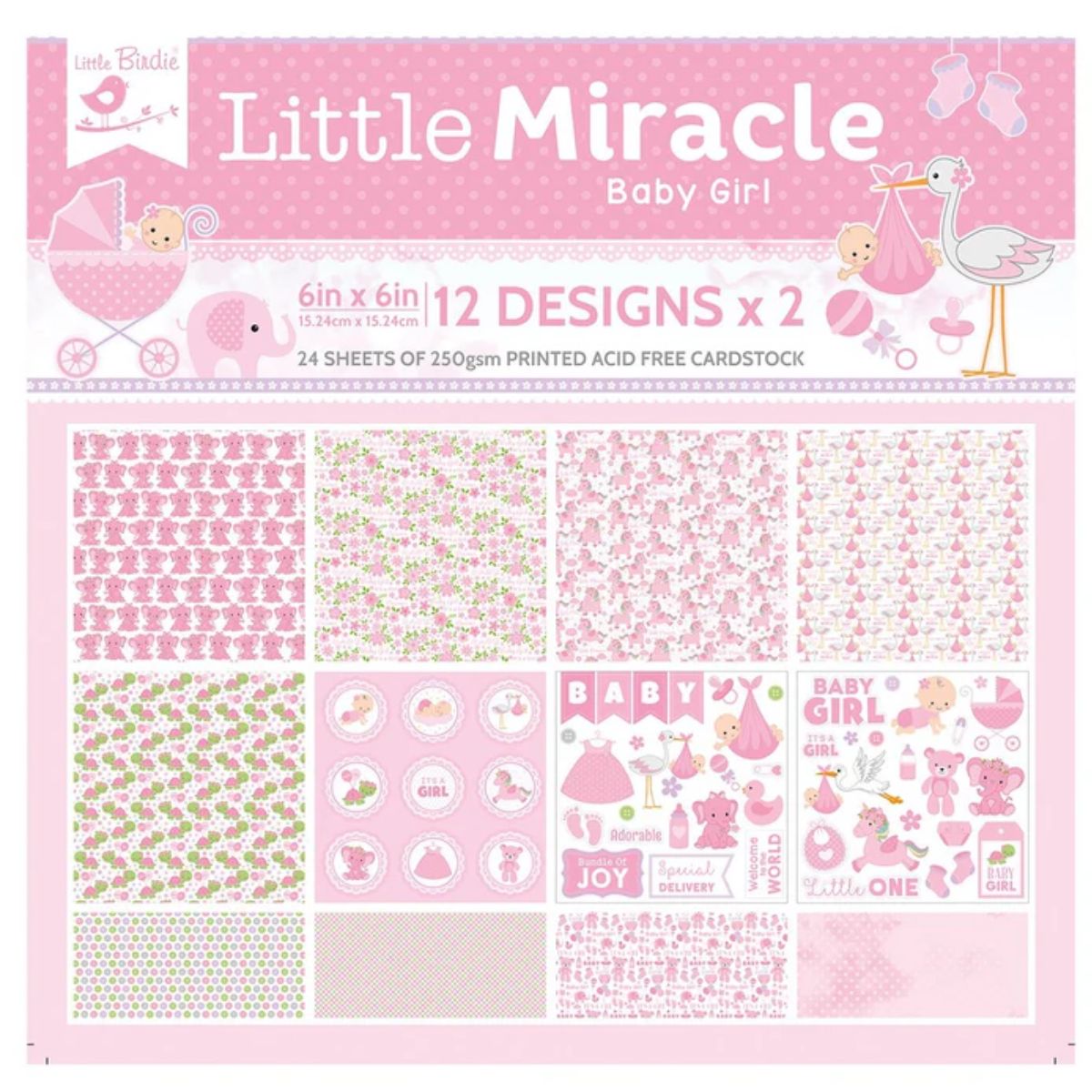 Baby Girl Cardstock Pack 6&quot; / Paquete de 24 Hojas de Cartulina Pequeño Milagro Niña Papel Little Birdie