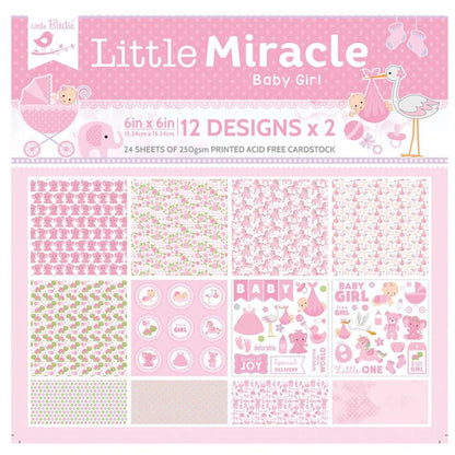 Baby Girl Cardstock Pack 6&quot; / Paquete de 24 Hojas de Cartulina Pequeño Milagro Niña Papel Little Birdie