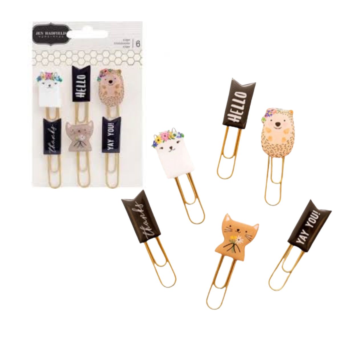 Hey, Hello Clips with Foil / Clips Metálicos Frases y Animales Adornos / Embellishments Pebbles