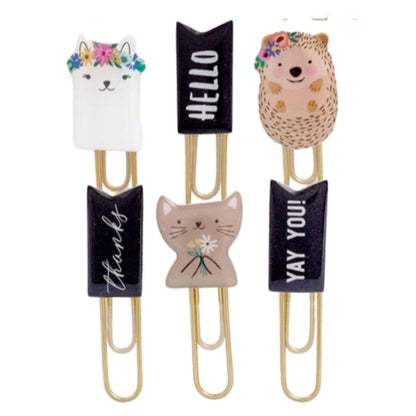 Hey, Hello Clips with Foil / Clips Metálicos Frases y Animales Adornos / Embellishments Pebbles