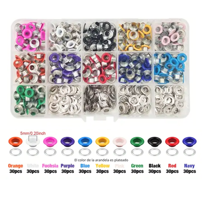 330 Ojillos Metálicos de Colores y Arandelas con Estuche Eyelets, Ojilos Hobbees