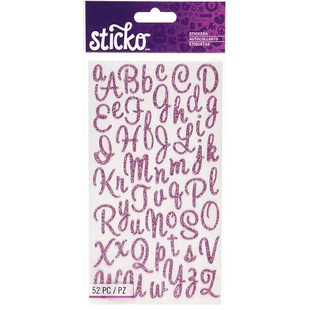 Sweetheart Script Pink Stickers / Estampas de Alfabeto Rosa con Glitter Stickers Sticko