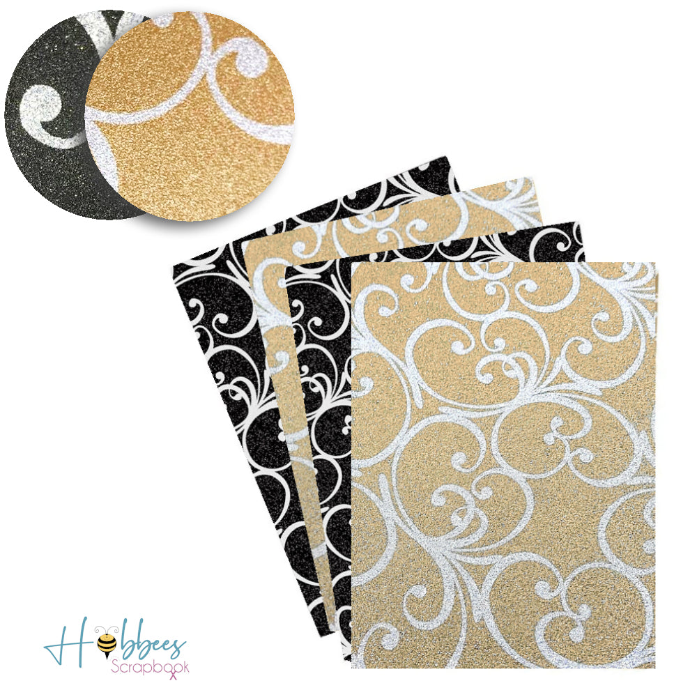 Pow Glitter Flourish Paper Pack / 4 Hojas de Papel Estampado Negro y Dorado Papel American Crafts