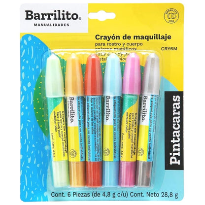 6 Crayones Pinta Caritas Metálicos Maquillaje Barrilito