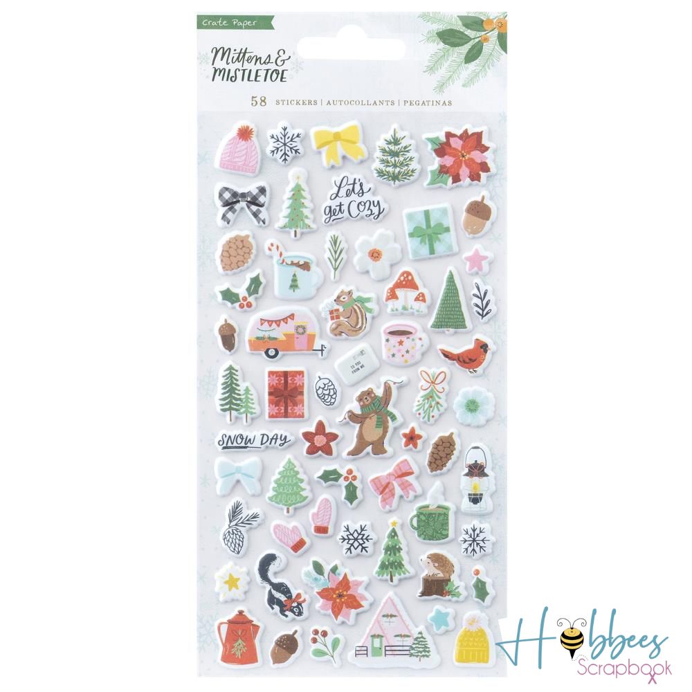 Mittens &amp; Mistletoe Puffy Stickers / Pegatinas con Realce Manoplas y Muérdago Stickers Crate Paper