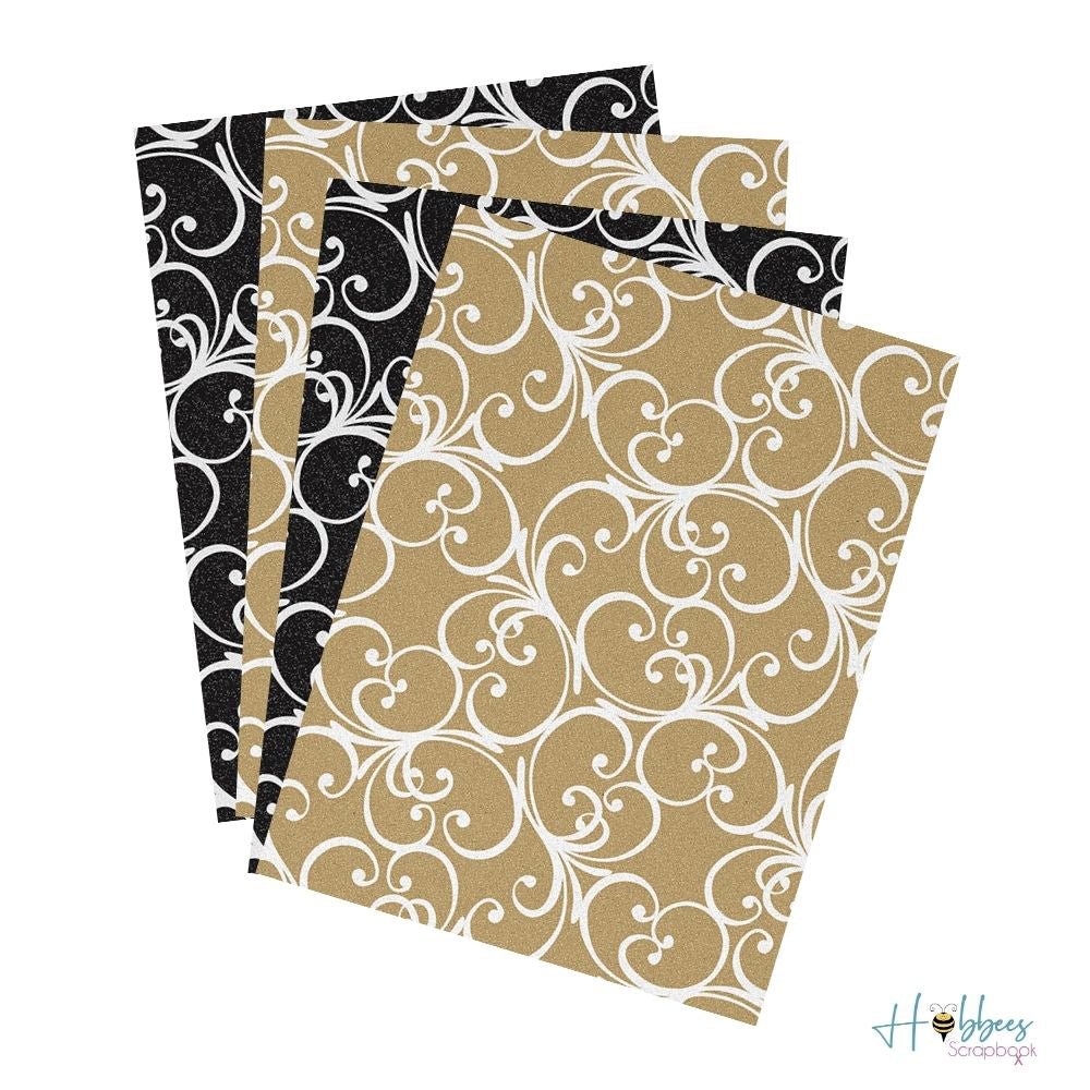 Pow Glitter Flourish Paper Pack / 4 Hojas de Papel Estampado Negro y Dorado Papel American Crafts