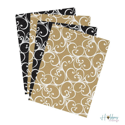 Pow Glitter Flourish Paper Pack / 4 Hojas de Papel Estampado Negro y Dorado Papel American Crafts