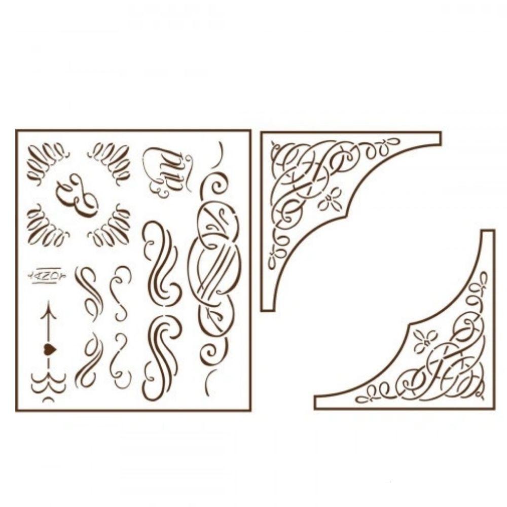 Calligraphic Corners / 3 Esténciles Decorativos Esténciles / Plantillas Martha Stewart
