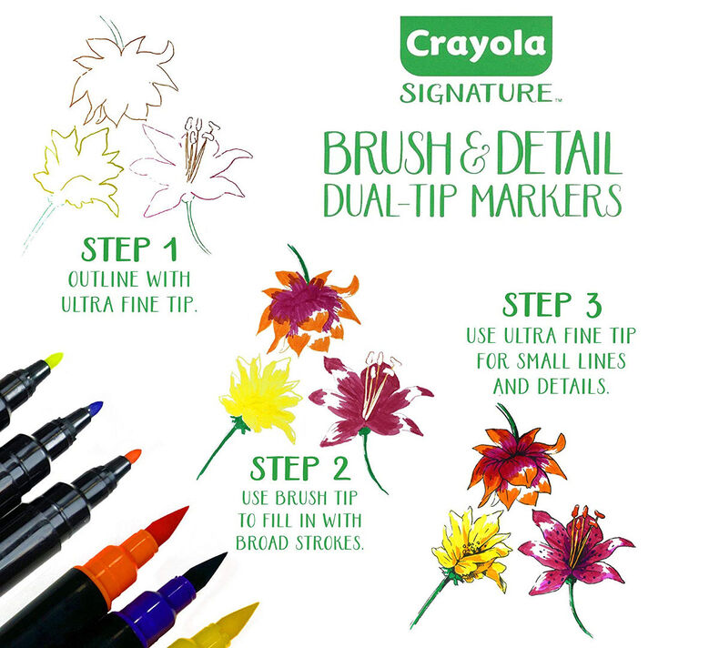 Crayola Signature Brush &amp; Detail Dual-Tip Markers / Marcadores Dual Punta Fina y Pincel Caligrafía Crayola