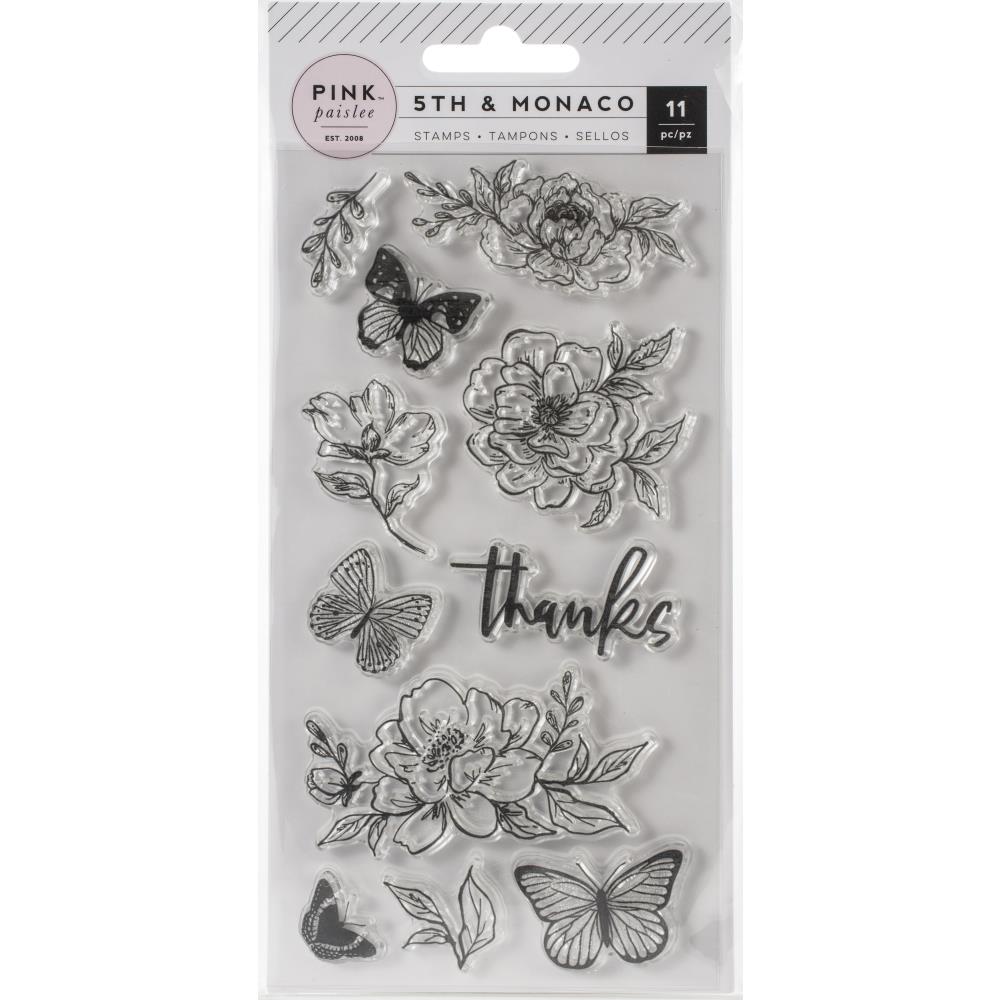 5th &amp; Monaco Clear Acrylic Stamps / Sellos de Polímero Mariposa y Flores Sellos Pink Paislee