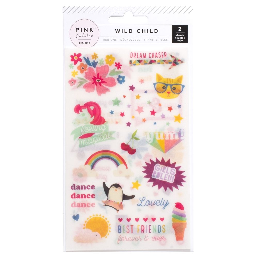 Wild Child Rub-Ons / 2 Hojas de Figuras Transferibles Adornos / Embellishments Pink Paislee